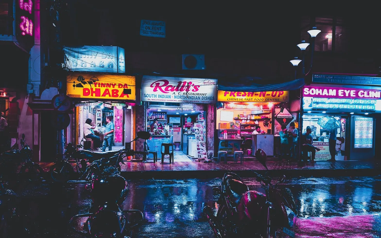 Shop, city and night